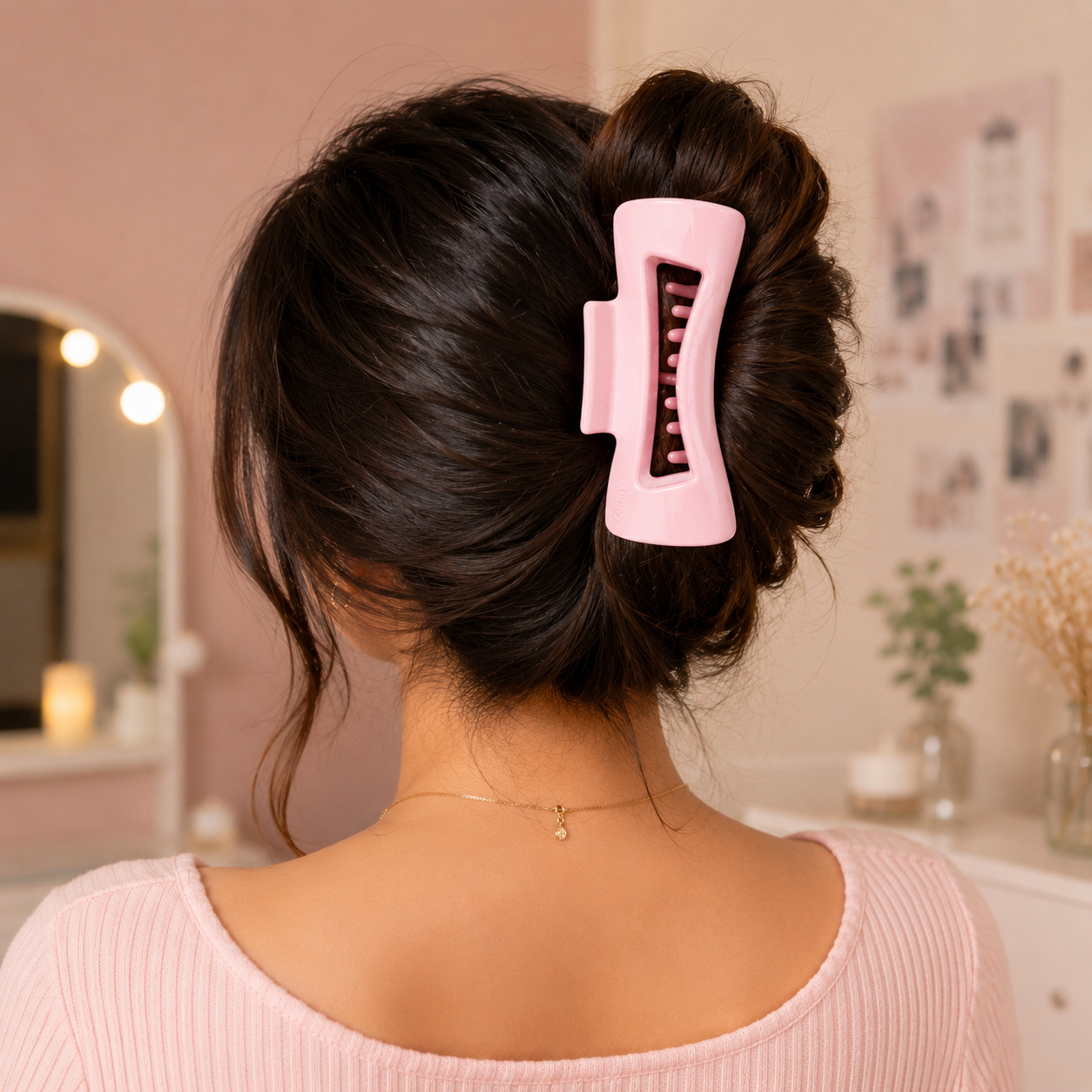 A woman shown from the back wearing a light pink claw clip hair accessory that holds her dark hair in a low bun, set against a softly lit pink room background.